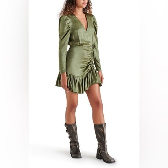 #162 STEVE MADDEN Brushed Satin Plunge Neck Mini Dress - Picture 1 of 12